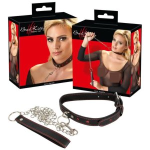 Bad Kitty - szíves nyakörv és fém póráz, bondage szett (fekete)