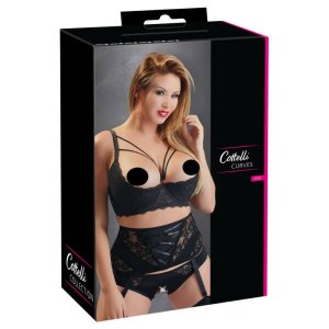Cottelli Plus Size - pántos, gyűrűs push-up melltartó (fekete)