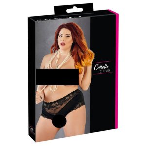 Cottelli Plus Size - csipkés gyöngyös nyitott bugyi (fekete)
