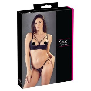 Cottelli - pántos, gyűrűs push-up melltartó és tanga (fekete)